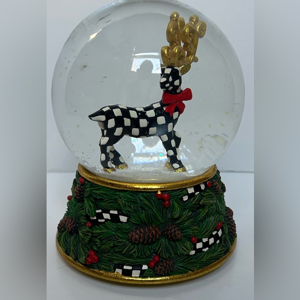 NEW WITH TAG. MacKenzie-Childs Checkered Reindeer Snow Globe with Gold Antlers